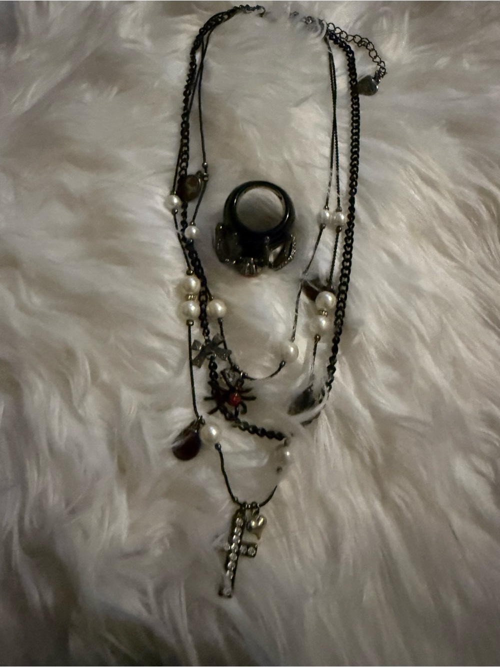 Betsey Johnson Black Multi-Strand Pearl Necklace with Cross and Spider Charm - Picture 5 of 5